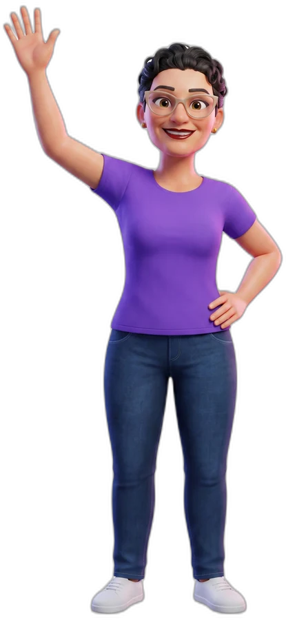Ilustração 3D da Ivanda sorrindo e acenando na entrada do espaço de festas